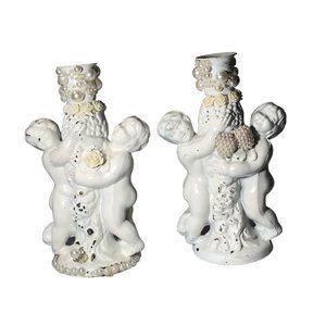 Twin Cherub Angels Cast Metal Candle Table Lamp Holders Distressed Parts Pieces
